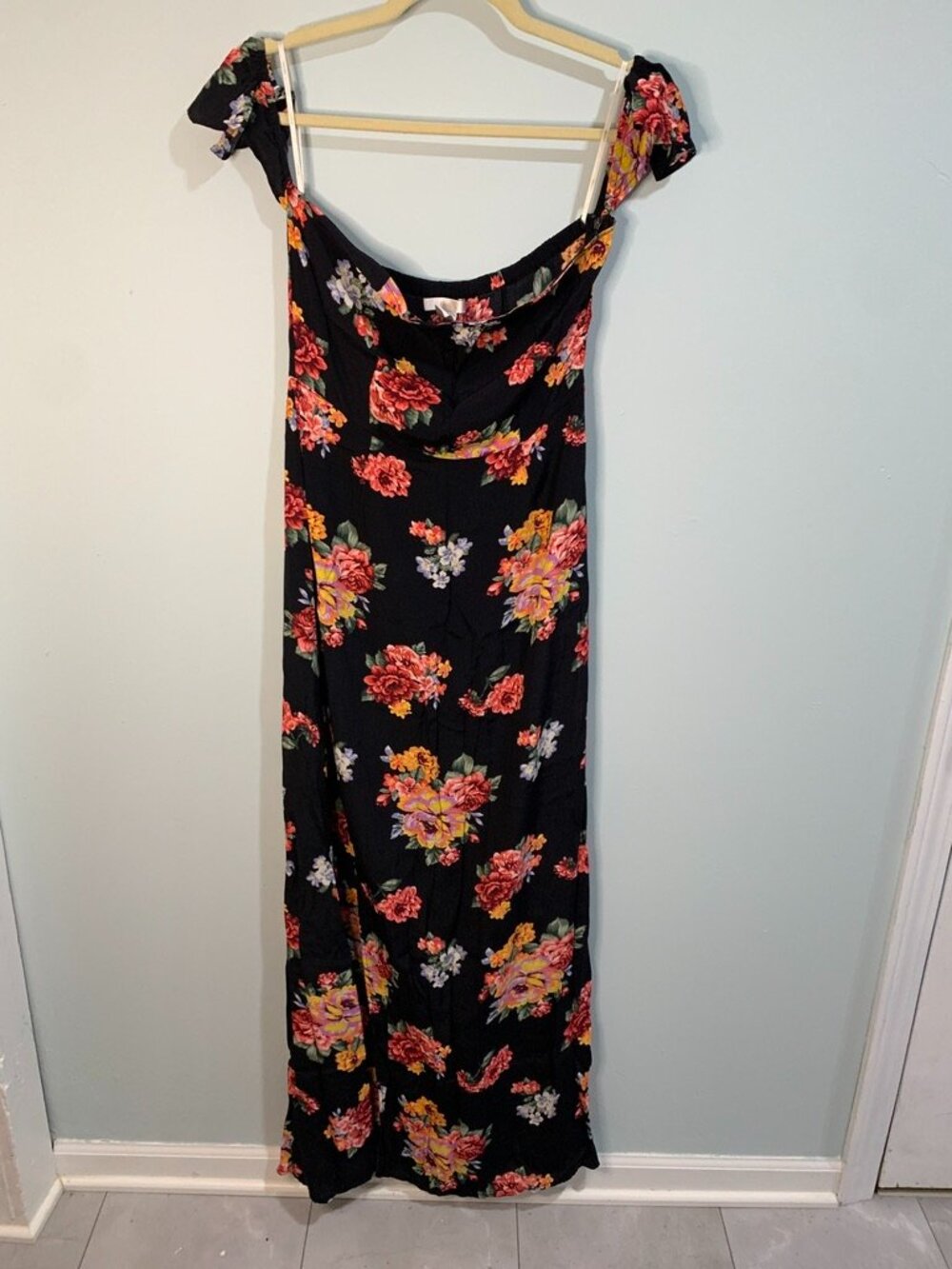 Forever 21 Black Floral Midi Dress Off Shoulder Rayon